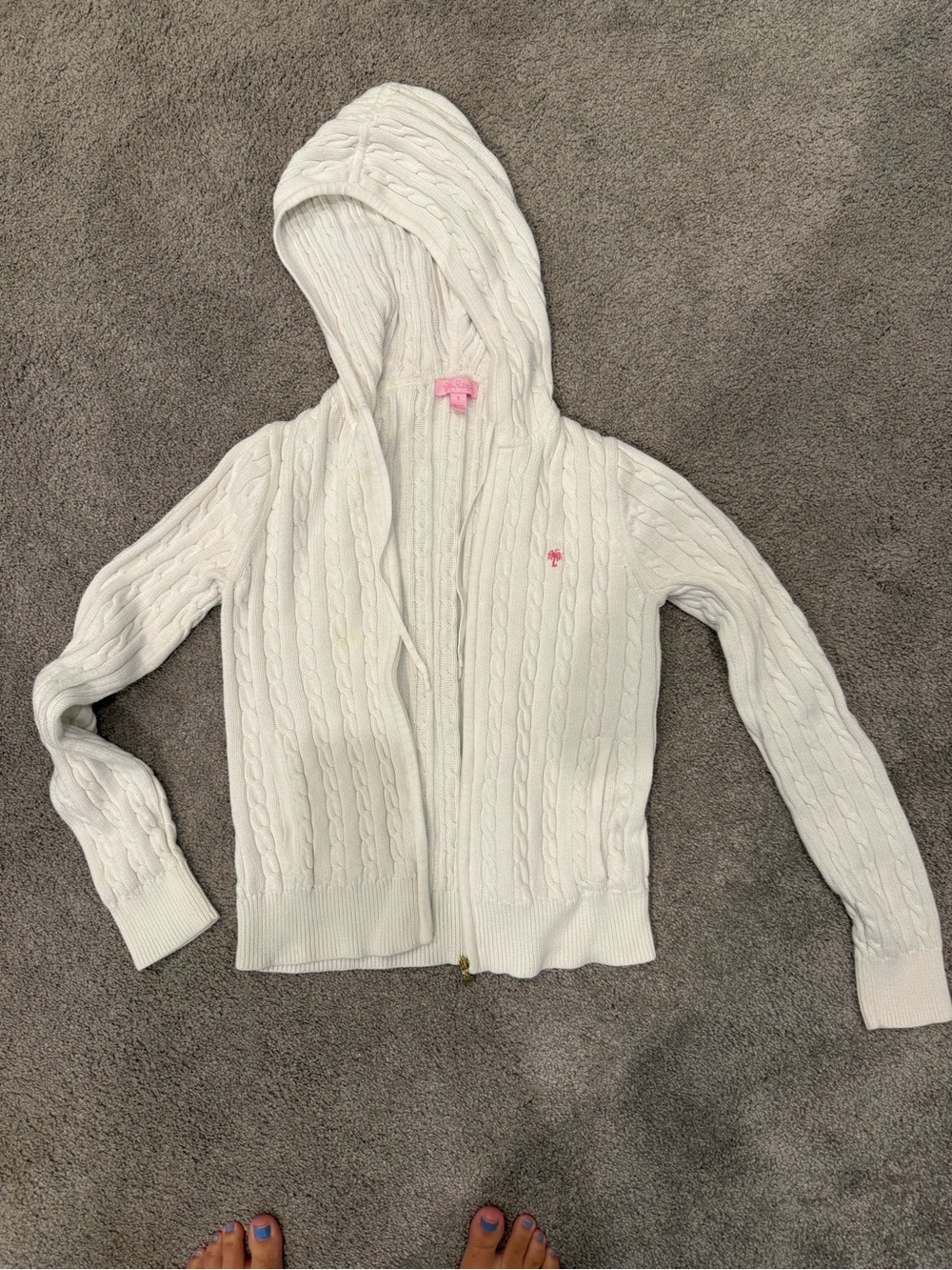 Lilly Pulitzer White Cable-Knit Hooded Cardigan with Pink Logo